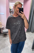 T-shirt dekatyzowany błyszczący napis bawełna grafit