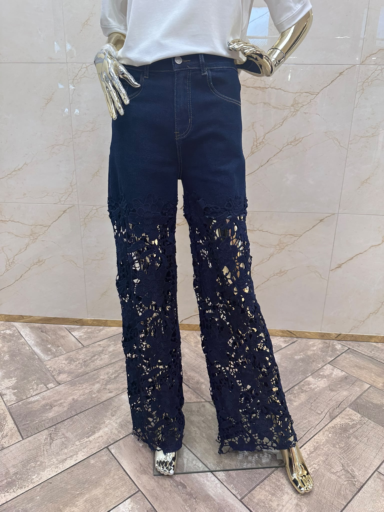 Spodnie Jeans boho koronka bawełna granat