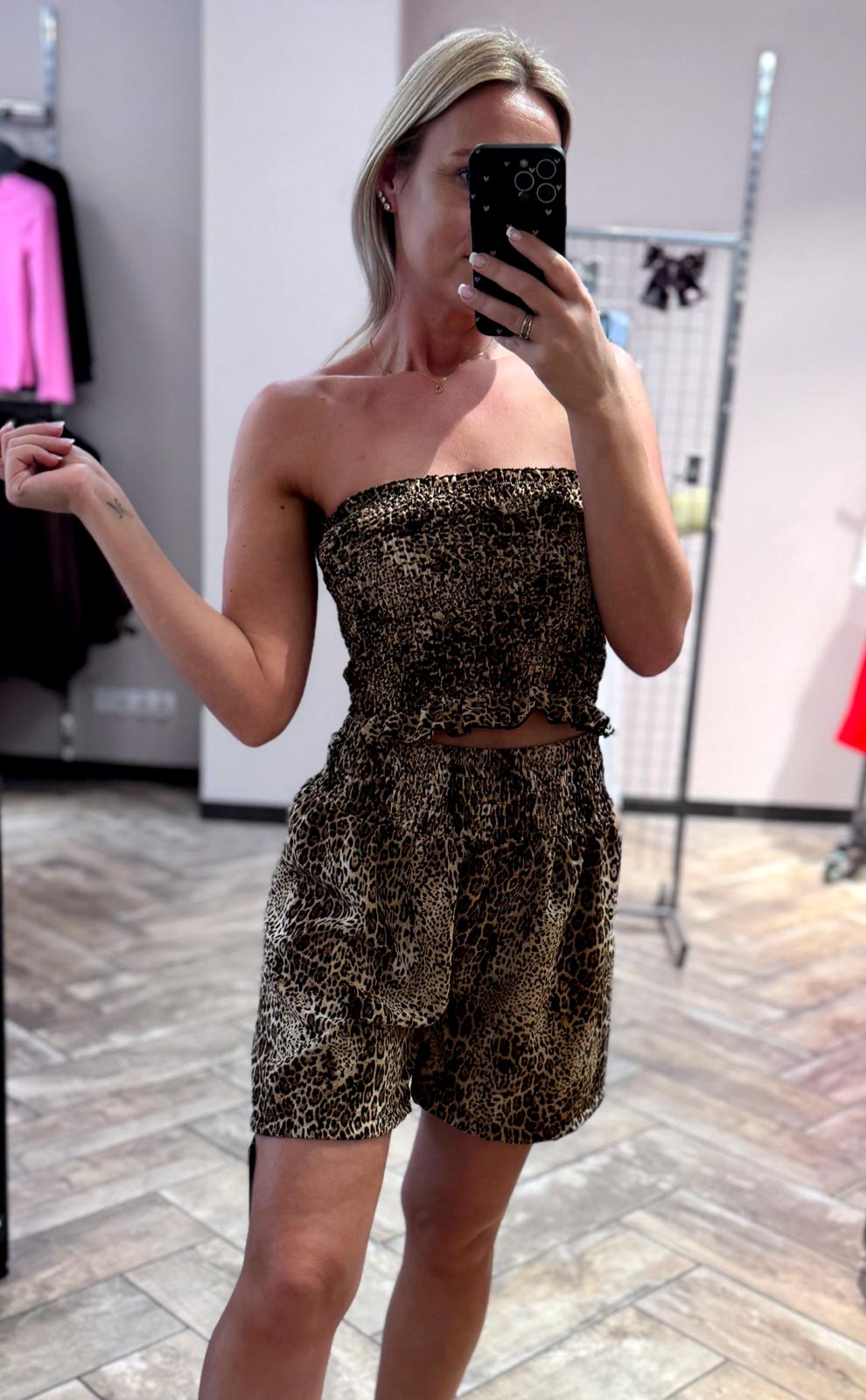 Komplet print panterka top spodenki brązowo-czarny